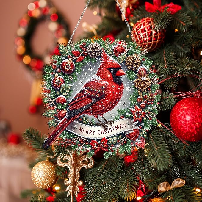 JJFox Diamond Art Hanging Kit for Adult,Special Shaped Rhinestone,DIY Acrylic 5D Diamond Art Painting Window Pendants Home Garden Wall Hanging Kits Hanging Ornament,Double Sided. (Christmas Cardinal)