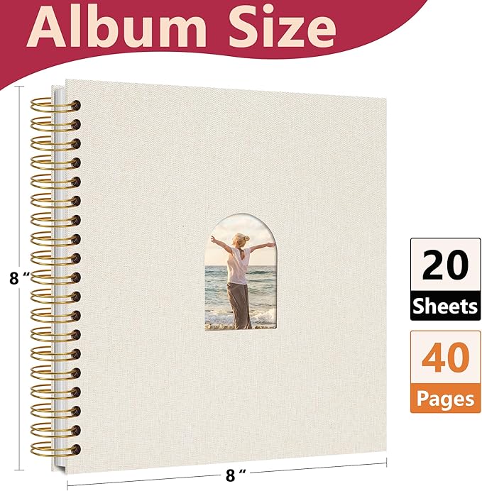 Vienrose 8X8 Inch DIY Scrapbook Album Linen Arch Window Photo Album 40 Blank Pages Scrap Book Photo Albums for Wedding Baby Shower, Beige