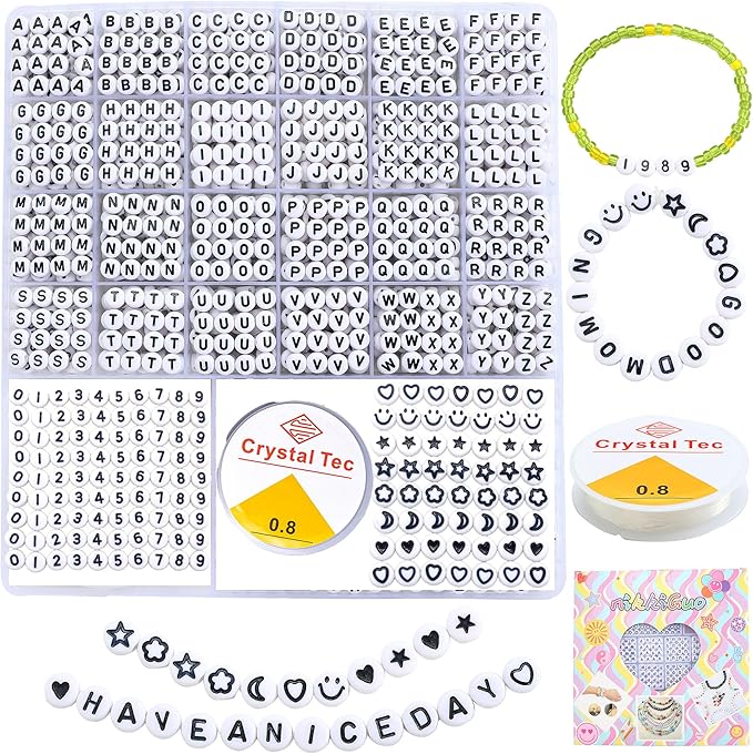 nikkiGuo 1250 PCS Letter Beads Kit with Elastic Cord – Alphabet A–Z, Numbers, Heart, Moon, Star, Smiley Beads for Friendship Bracelets & DIY Jewelry (White Beats & Black Letters)