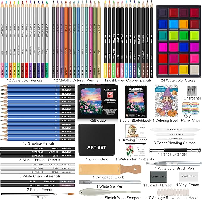 KALOUR 140 Drawing Set Sketching Kit,Art Supplies with 3-color Sketchbook & Coloring Paper,Include Tutorial, Colored, Graphite, Charcoal, Watercolor & Metallic Pencil,for Artists Adults Teens Beginner