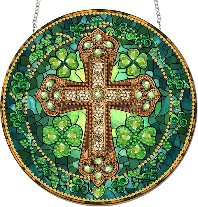 Reofrey Hanging Diamond Art Kits for Adults - 8x8 Inch Cross Acrylic Board Double Sided Pattern Diamond Painting Suncatcher Pendant, DIY Crystal Art for Home Wall or Window Decoration Handmade Gift