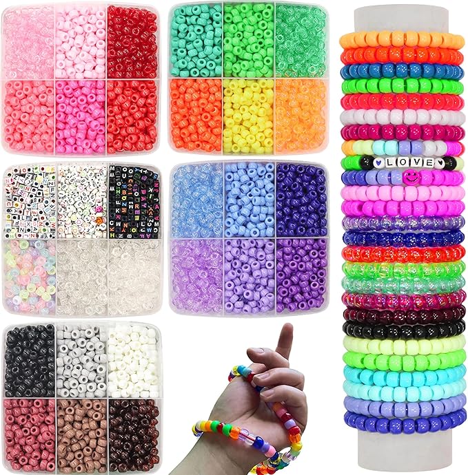 JULIMAIDONG 6500Pcs Pony Beads for Bracelets Making, Multi-Colored Rainbow Plastic Hair Large Beads for Hair Braids, 27 Colors Kandi Friendship Bracelet Bead Jewelry Making Kits for Craft