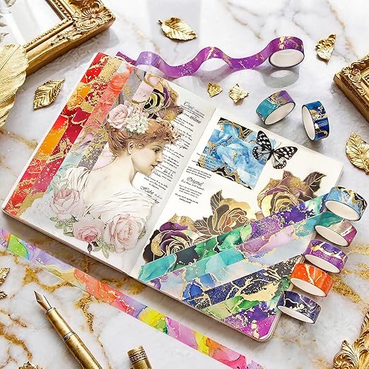 Gold Washi Tape Set - 24 Rolls Metallic Foil Marbling Washi Tape, Decorative Washi Tapes for Junk Journal Supplies, Bullet Journal Supplies, DIY Crafts, Scrapbooking, School Supplies