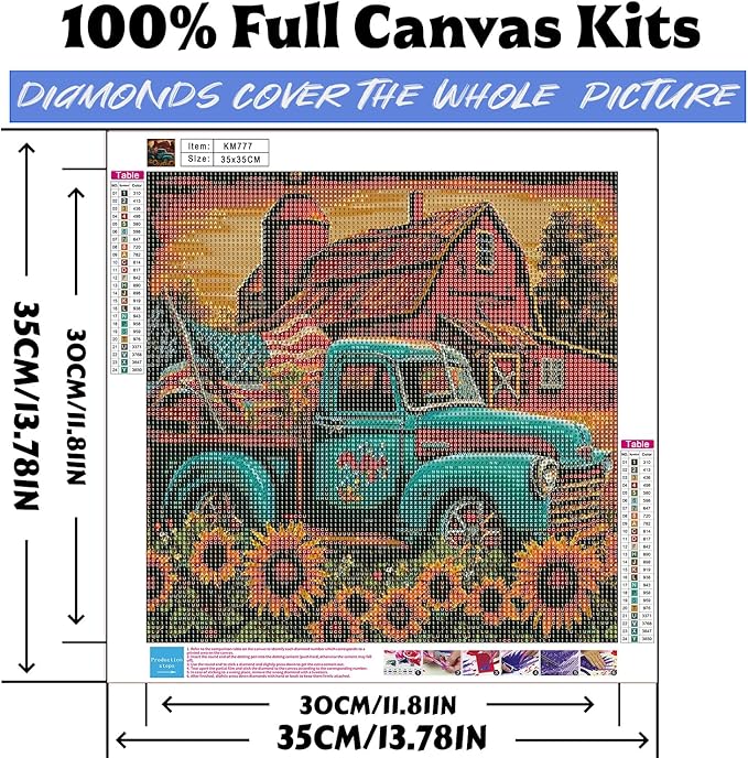 Diamond Art Kits for Adults Truck, DIY 5D Diamond Painting Kit for Beginners Farm, Sunflower Full Round Drill Gem Art Dots for Adults, Diamond Dots Paintings Crafts Home Wall Decor 14X14 Inch