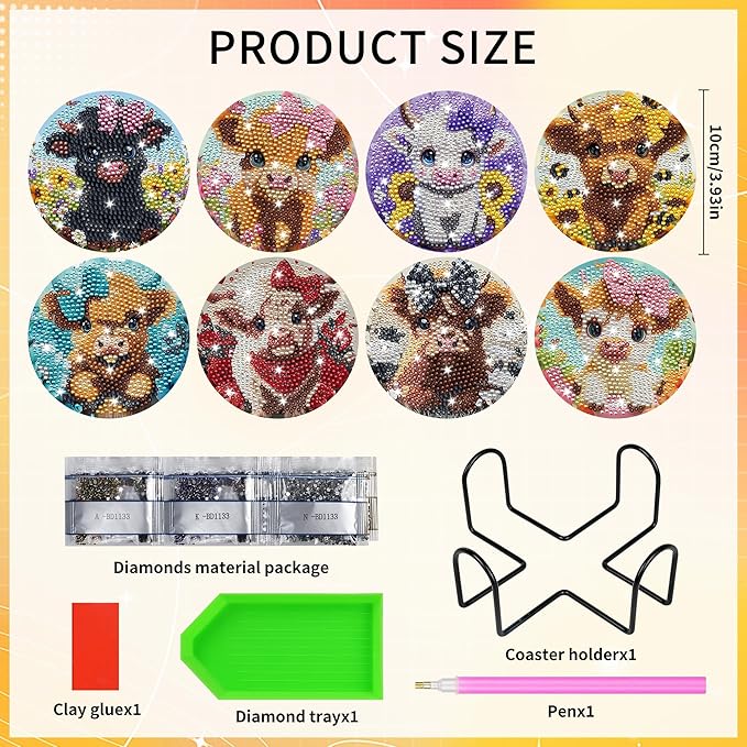 Cow Diamond Art Coasters Kits, 8 Pcs Highland Cow Diamond Painting Coaster with Cork Pads and Holder, Cute Animal Gem Art Kits for Adults Beginners DIY Crafts Home Decor