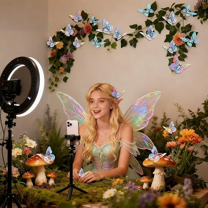 BTSD-home 48 Pcs Iridescent 3D Butterfly Wall Decor Iridescent Party Decorations for Bedroom Nursery Removable Holographic Butterfly Wall Stickers for Birthday Wedding Gift Box Cake