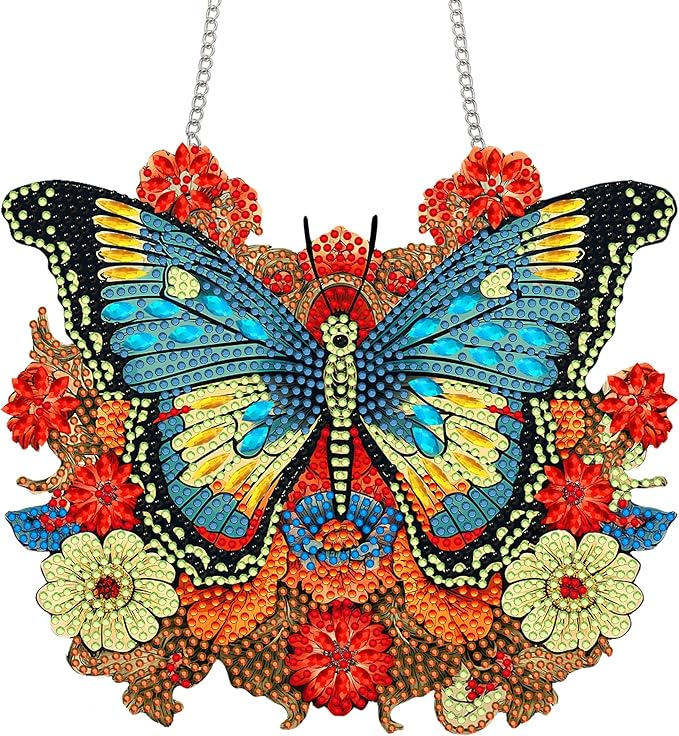 Bimkole Butterfly Diamond Art Hanging Kit for Adult, DIY 5D Diamond Art Flower Window Pendant, Acrylic Crystal Art Hanging Ornament Home Wall Garden Front Door Sign Outdoor Decor 7.8x7.8 Inch