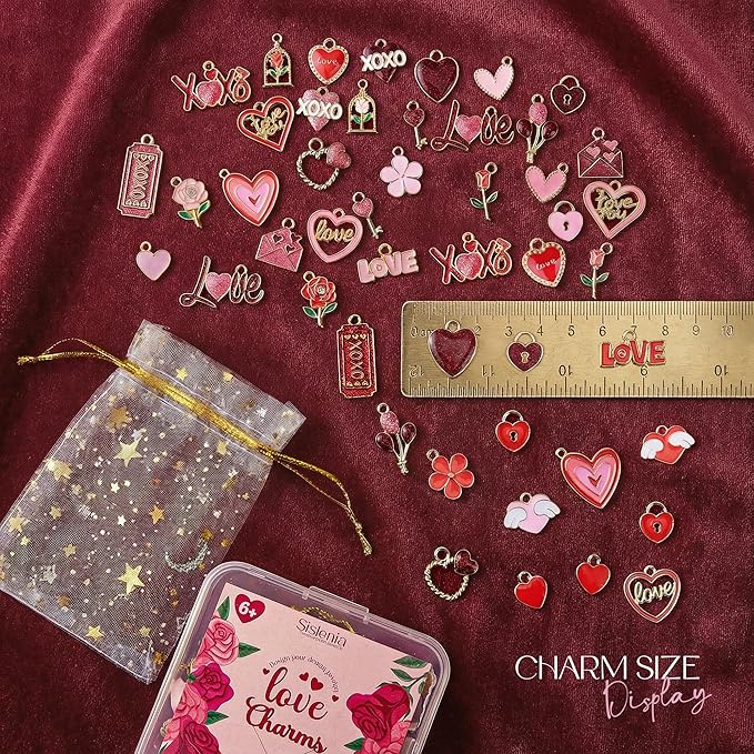 Sistenia Pink Heart Love Charms, Gold Plated Enamel Red Pendants Rose Charms for Bracelets with 50pcs Jump Rings DIY Necklace Keychain Bracelet Earring for Jewelry Making Crafts Gifts for Women