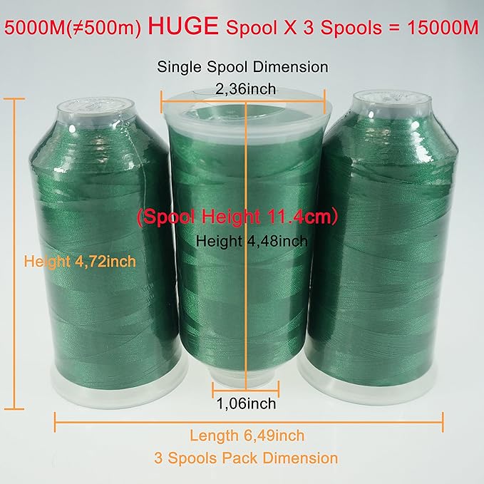 New brothreads - 40 Options- Various Assorted Color Packs of Polyester Embroidery Machine Thread Huge Spool 5000M for All Embroidery Machines -3xGreen