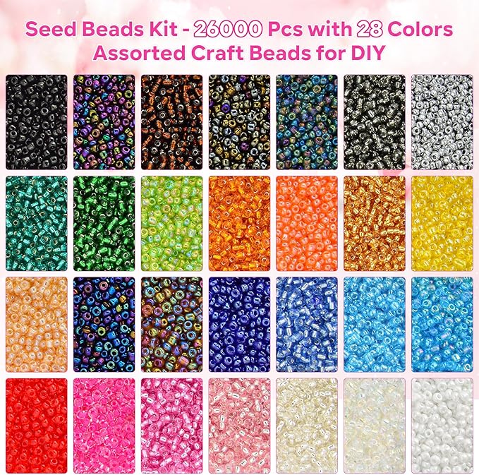 26000PCS 2mm Glass Seed Beads Kit – 28 Assorted Colors Small Beads Set for Jewelry Making, DIY Bracelets, Necklaces, Earrings, Craft Projects