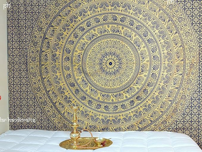 popular handicrafts new releases kp774 elephant tapestry wall hanging hippie bohemian mandala wall art with metallic shine tapestries (215x230cms) gold on blue dye