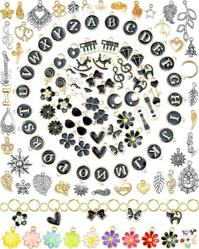 FIVEIZERO 216PCS Bracelet Charms for Jewelry Making – Assorted Gold & Silver Metal Enamel Pendants with Jump Rings for Necklaces, Earrings & DIY Jewelry Crafts(Black)
