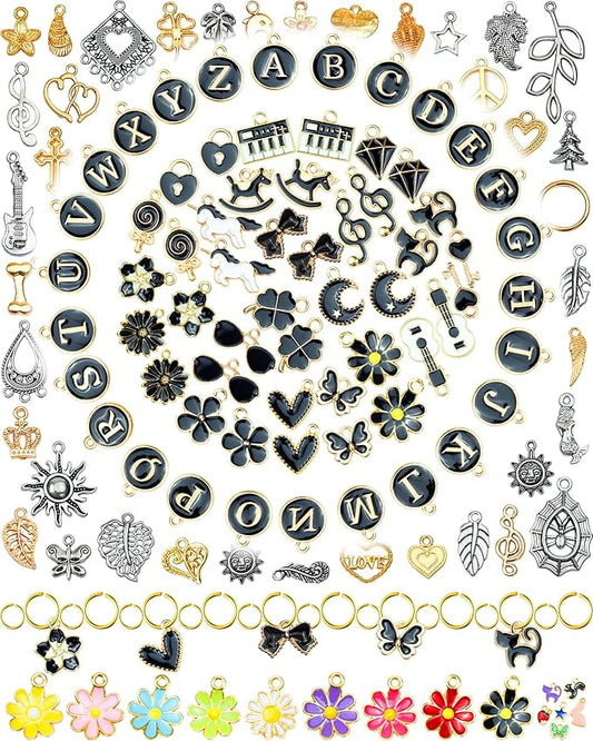 FIVEIZERO 216PCS Bracelet Charms for Jewelry Making – Assorted Gold & Silver Metal Enamel Pendants with Jump Rings for Necklaces, Earrings & DIY Jewelry Crafts(Black)