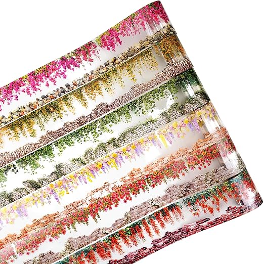 6 Rolls Flower Wall PET Tape Set, Seamless Floral Brick Stone Stickers for Journaling, DIY Crafts, Planner, Scrapbook Supplies with Clip, Waterproof and Decorative