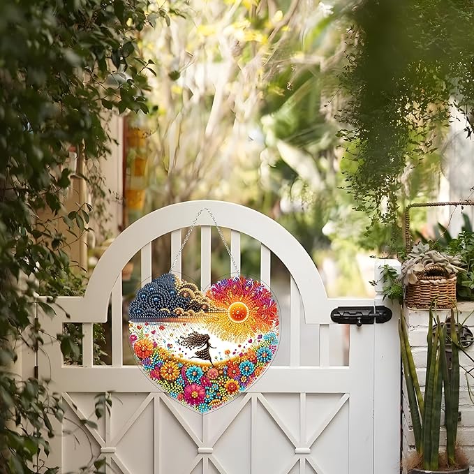 5D Diamond Art Hanging Kit for Adult,Special Shaped Rhinestone,Double Sided DIY Acrylic Diamond Art Painting Window Pendants Home Garden Wall Hanging Kits Hanging Ornament (Run to The Sun)