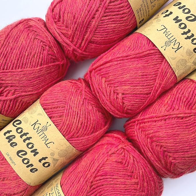 Cotton to The Core Cotton Yarn for Crocheting, 6-Pack (852 Yds / 300G), Free Patterns, Beginners Friendly - Soft Baby Yarn for Knitting - 3 DK Light Worsted Weight - Watermelon Red