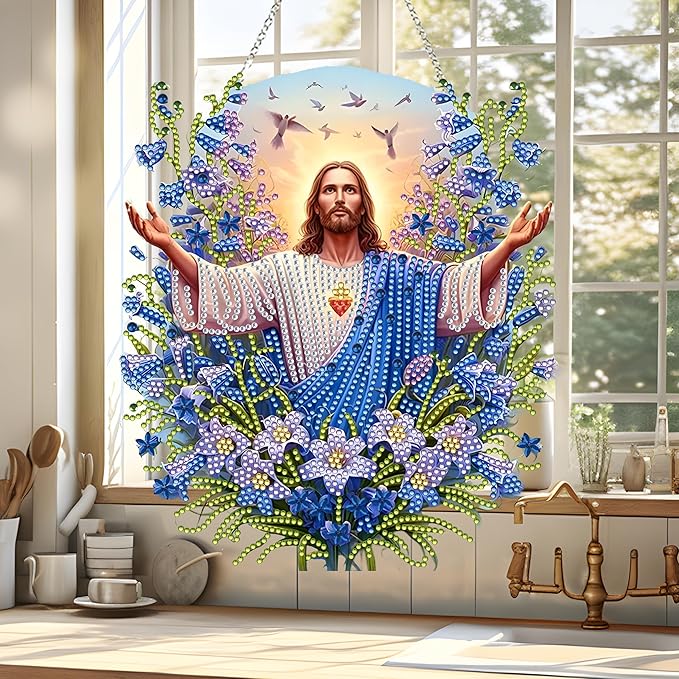 Diamond Art Hanging Kit for Adult,Special Shaped Rhinestone,DIY Acrylic Diamond Art Painting Window Pendants Home Garden Wall Hanging Kits Hanging Ornament,Double Sided (Jesus)