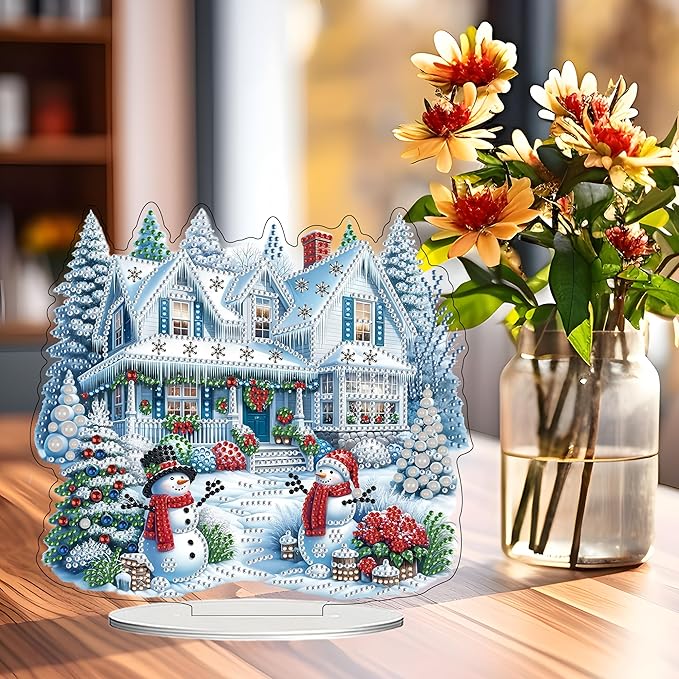 JJFox DIY Tabletop Diamond Art Painting Kit，Desktop Ornament Special Shaped Rhinestone Desk Placement Ornament，Home Stand Up Gem Painting Craft Kit Gift Double Sided (Christmas House)