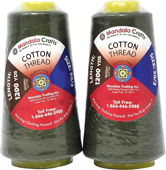 Mandala Crafts Olive Green Thread Cones for Machine and Hand Quilting - 2400 Yds 50 WT Multiple Purpose Mercerized 100% Cotton Threads for Sewing Machine Serger Embroidery