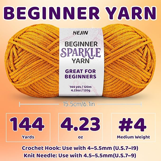 120g Orange Sparkle Yarn for Crocheting and Knitting; 120m(144yds) for Beginners with Easy-to-See Stitches; Worsted-Weight Medium #4; Yarn for Beginners Crochet Kit Making