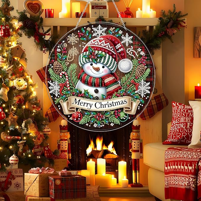 JJFox DIY Acrylic Diamond Art Painting Wreath Kits Special Shaped Rhinestone Diamond Art Window Pendants Home Garden Wall Hanging Kits Hanging Ornament (Merry Christmas Snowman)