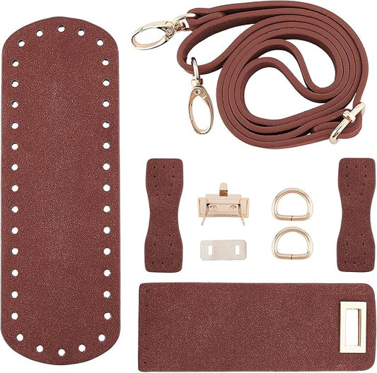PandaHall DIY PU Leather Bag Knitting Set, Leather Bag Bottom/26 inch Shoulder Strap/Bags Twist Lock/Flap Cover/Bag Buckles for Crochet Handbag Tote Shoulder Bags, Brown(7 Kinds of Accessories)