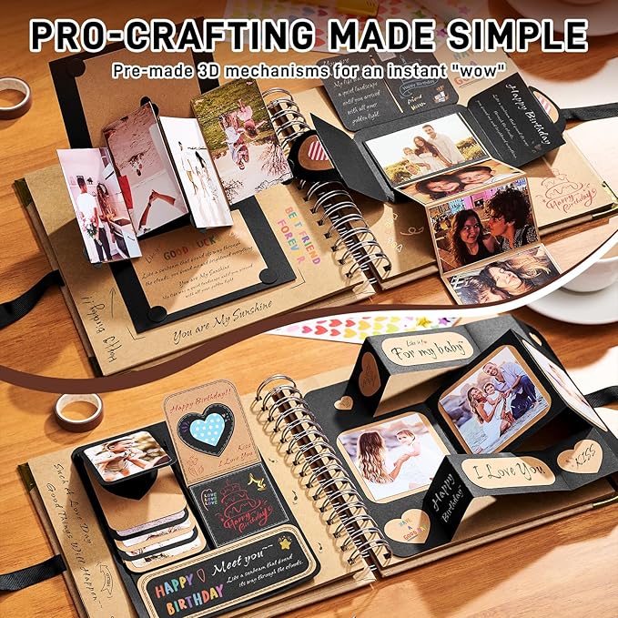8x8 Scrapbook Album, 40 Pages Thick 250gsm Kraft Paper Photo Album with Metal Corner Protectors & 3D Interactive Elements, DIY Memory Book for Wedding, Anniversary, Baby & Family