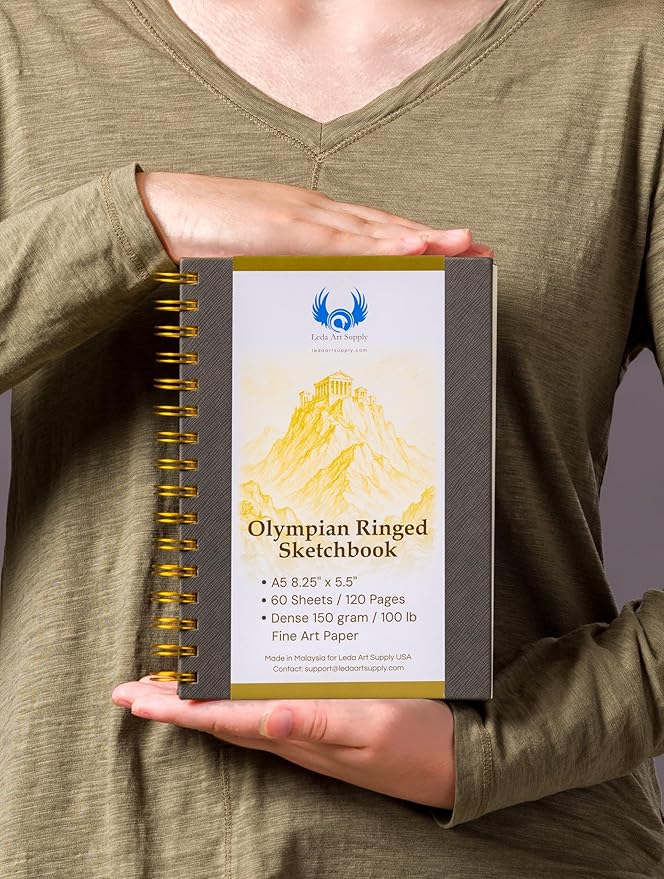 Olympian Ringed Sketchbook, A5 Size 5.5 x 8.25 inches, Gold Metal Ring Binding Lays Flat, 60 Sheets, 150 GSM Fine Art Paper for Artists, Ideal for Pencil, Ink, Watercolor, Leda Art Supply (Pack 2)