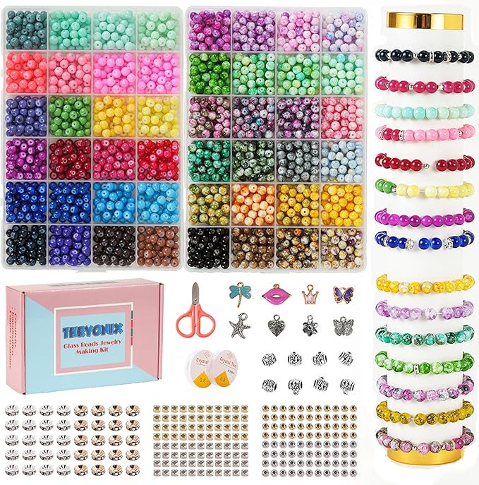 Glass Beads, 1300pcs 48 Colors 8mm Round Crafts Beads for Bracelet Jewelry Making, Beadwork,Craft Supplies for Gifts & DIY Projects