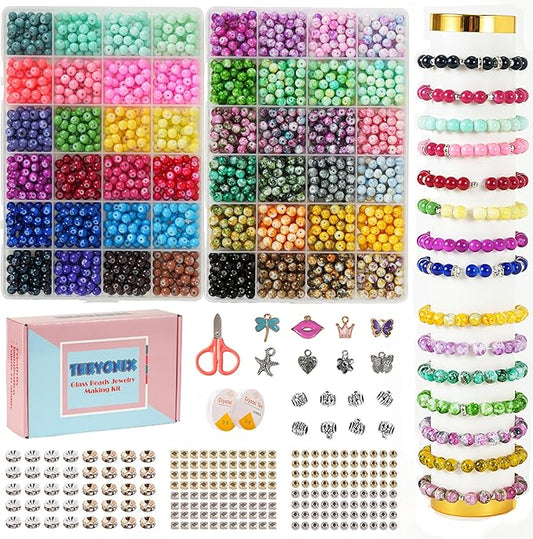 Glass Beads, 1300pcs 48 Colors 8mm Round Crafts Beads for Bracelet Jewelry Making, Beadwork,Craft Supplies for Gifts & DIY Projects