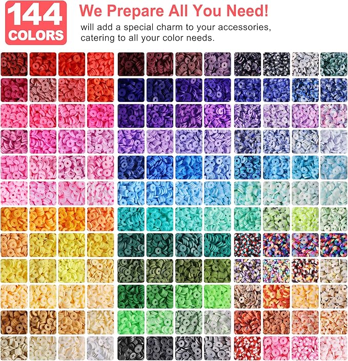 Redtwo 23000 Pcs Clay Beads Bracelet Making Kit, 144 Colors 7 Boxes Flat Polymer Heishi Beads Set for Friendship Jewelry Making with Pendant Charms Crafts Gifts for Girls Ages 6-12 Kids Adults
