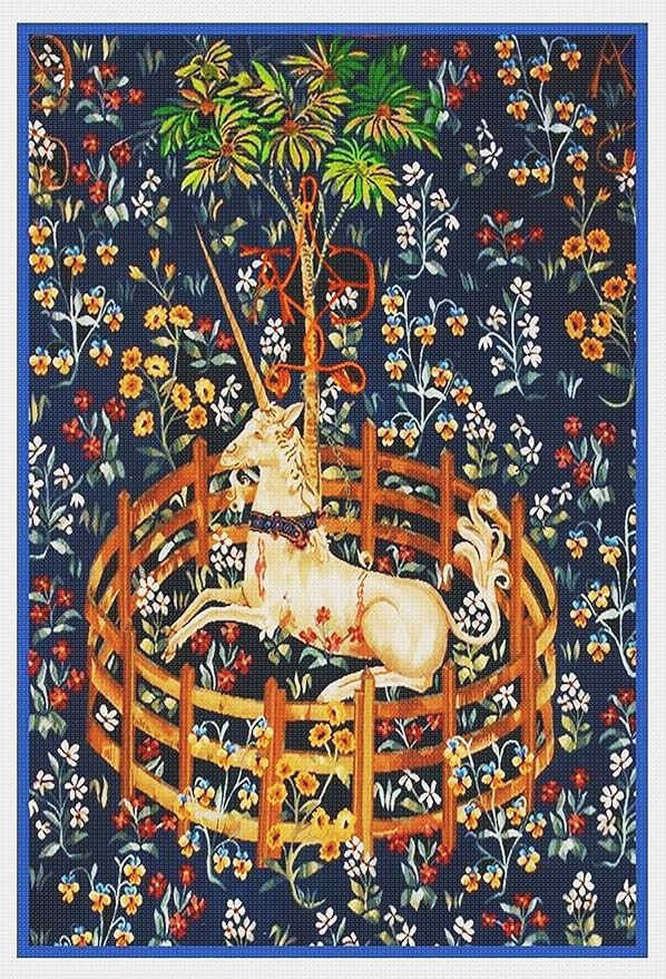 Unicorn Captivity Medieval Blue Detail Counted Cross Stitch Pattern with Needles