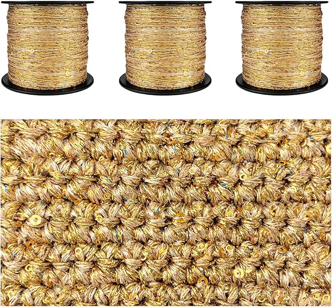 Artisanal Yarn Collection Multifiber Fancy Yarn with Mini Golden Sequins for Knitting Crocheting Crafts DIY, Set of 3 Rolls (Gold with Mini Sequins)