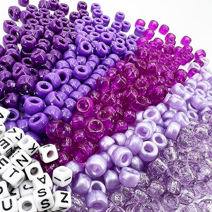 MIIIM 1300 Pcs Pony Beads Kit for Friendship Bracelet, 6 Styles Kandi Bracelet Kit in Box with Individual Compartments, Hair Beads for Braids, Letters (Purple Shades)