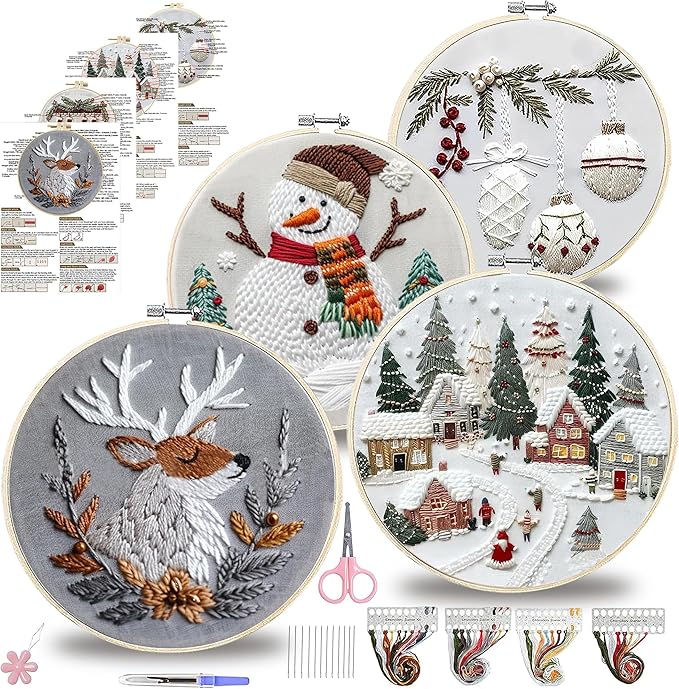 QBQBQ 4 Sets Christmas Embroidery Kit for Beginners, Embroidery Kits for Adults, Cross Stitch Kits for Beginners with Pattern, Needles, Threads, Bamboo Hoops, Tools