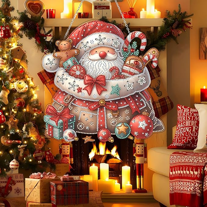 DIY Acrylic Diamond Art Painting Wreath Kits Special Shaped Rhinestone 5D Diamond Art Window Pendants Home Garden Wall Hanging Kits Hanging Ornament (Father Christmas)