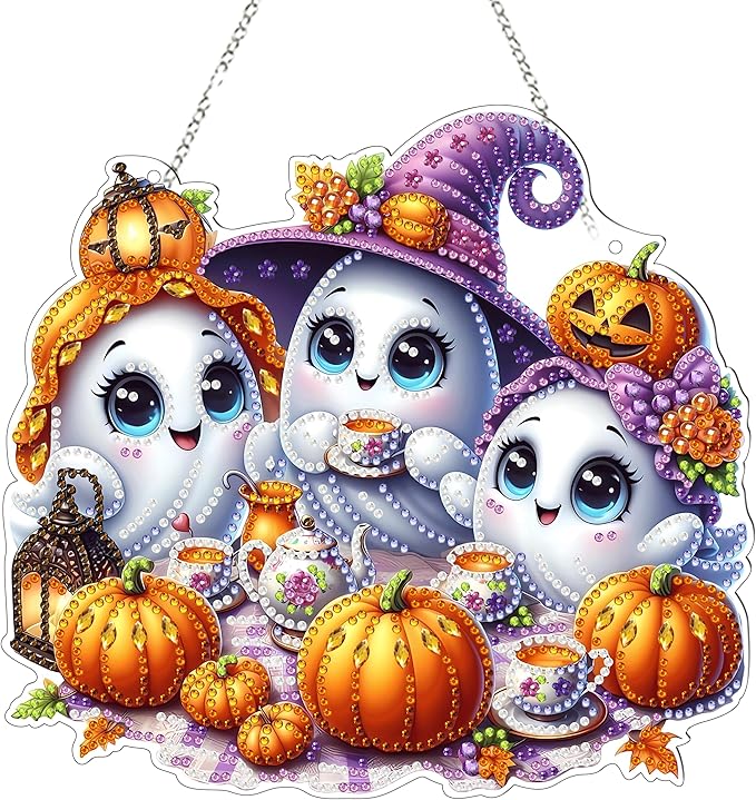 JJFox Diamond Art Hanging Kit for Adult,Special Shaped Rhinestone,Double Sided 5D DIY Acrylic Diamond Art Painting Window Pendants Home Garden Wall Hanging Kits Hanging Ornament (Halloween Ghost)