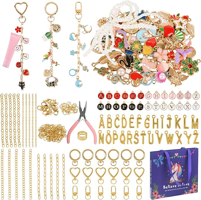 319Pcs Lip Gloss Keychain Making Kit, Including 18 Keychain Clips, 20 Extender Chain, 117 Charms, 150 Jump Ring, 1 Jewelry Plier, Bag Charm Kit, Key Chains Making Supplies for DIY Crafting and Jewelry