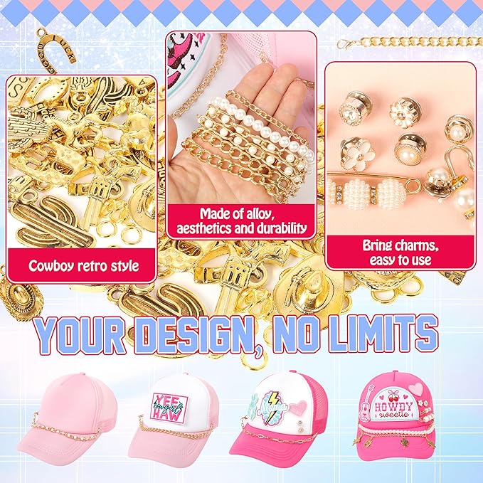 Meneng Cowgirl Hat Accessories Kit: 36PCS Western Trucket Hat Chains Bill Decoration for Women - Bling Metal Detachable Chains Bulk for Mesh Baseball Cap