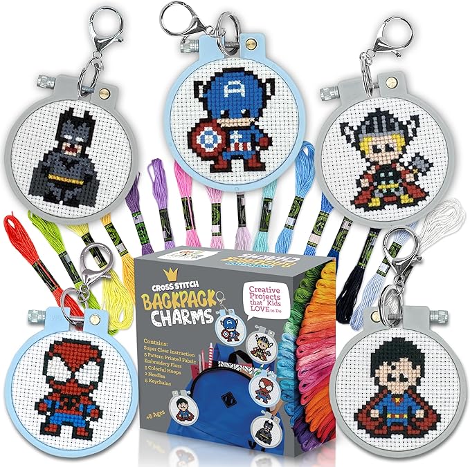 5 Stamped Superhero Cross Stitch Beginner Projects for Kids Needlepoint Starter kit Sewing Set for Backpack Charms…