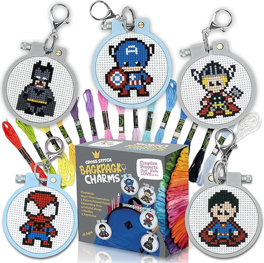 5 Stamped Superhero Cross Stitch Beginner Projects for Kids Needlepoint Starter kit Sewing Set for Backpack Charms…