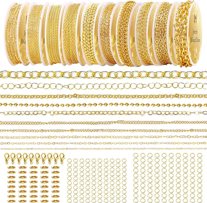 PP OPOUNT Gold Necklace Chains for Jewelry Making, 78.7 Feet 10 Rolls Chain for Jewelry Making DIY Necklace Bracelet Belt Earrings with Open Jump Rings & Lobster Clasps