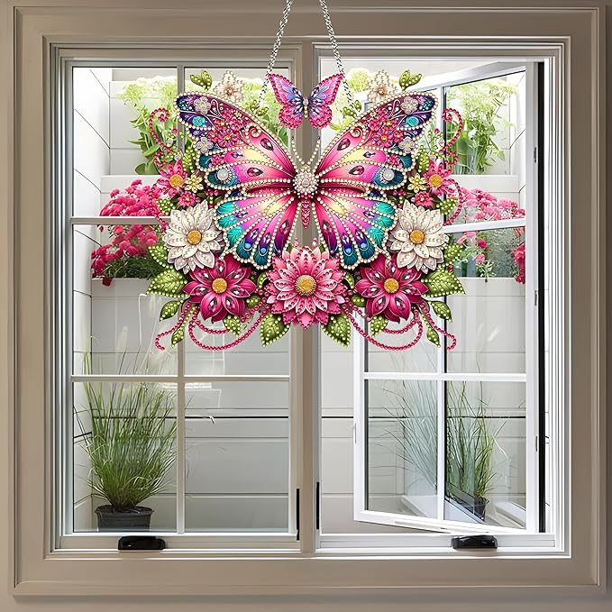 JJFox DIY Acrylic Diamond Art Painting Wreath Kits Special Shaped Rhinestone Diamond Art Window Pendants Home Garden Wall Hanging Kits Hanging Ornament (Butterfly-2)