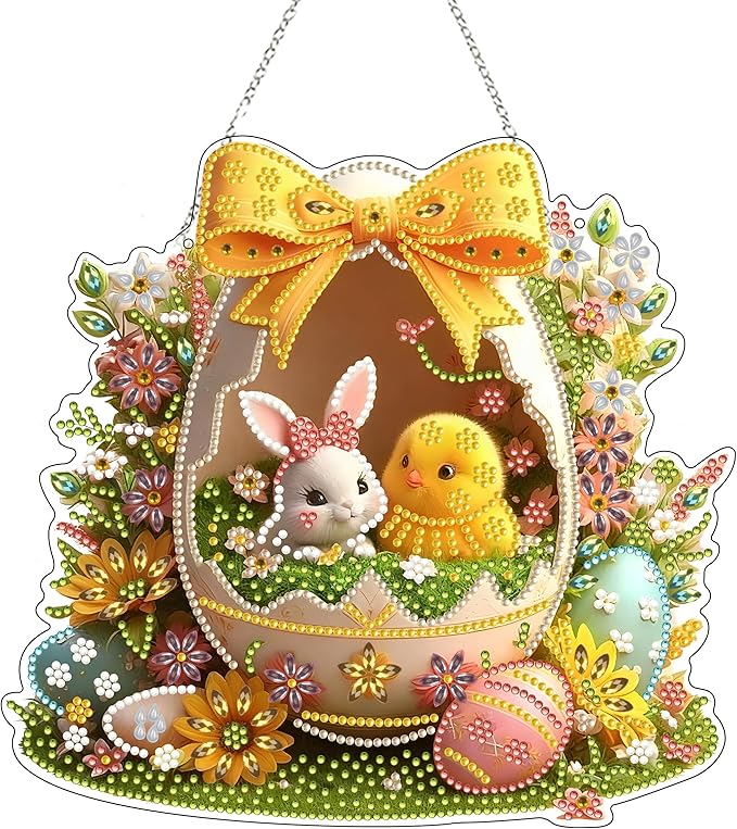 DIY Diamond Art Painting Wreath Kits，Special Shaped Rhinestone Hanging Ornament Diamond Art Window Pendants for Gift Home Garden Wall Hanging Kits,Double Sided (Easter Egg)