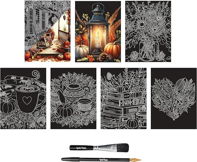Brea Reese: Scratch Art Paper Pad - Fall Florals - 14 Sheets, 7 Guided Art Designs, Metallic Accents, Stylus & Brush, 6x8 Pages, DIY Adult Craft Kit