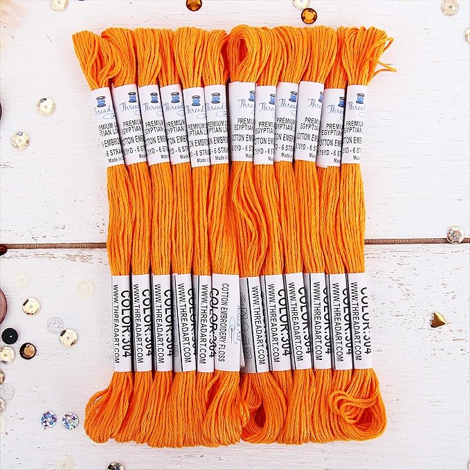12 Skeins ThreadArt Premium Egyptian Long Fiber Cotton Embroidery Floss | Tangerine | 6 Strand Divisible Thread 8.75yds Each for Hand Embroidery, Friendship Bracelets, Cross Stitch and Crafts