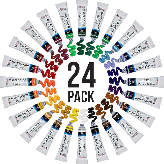 U.S. Art Supply 24-Color Water Colors Paint Set, 12ml Professional Watercolor Tubes, Vibrant Pigments - Water Colors Paint Adult Set for Artists