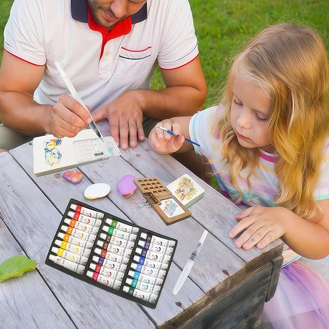 Mini Watercolor Travel Paint Set, Acrylic Painting Palette and Wooden Paint Box(15 Grids), 2 Sketchbooks, 2 Brush Pens and 24 Color Paints. Perfect for Artists, Students and Painters on The Go