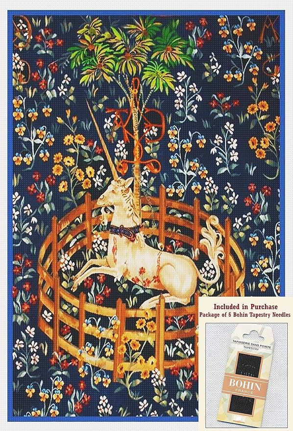 Unicorn Captivity Medieval Blue Detail Counted Cross Stitch Pattern with Needles
