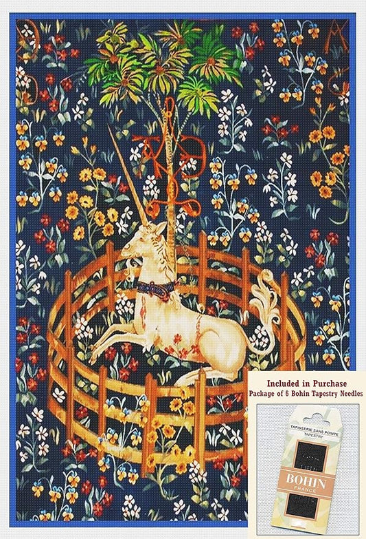 Unicorn Captivity Medieval Blue Detail Counted Cross Stitch Pattern with Needles